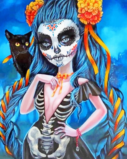 Sugar Skull Woman With A Black Cat paint by numbers