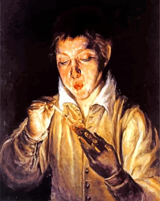A Boy Blowing On An Ember To Light A candle El Greco paint by number