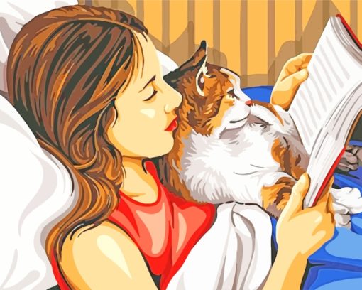 Girl Reading With Cat paint by number