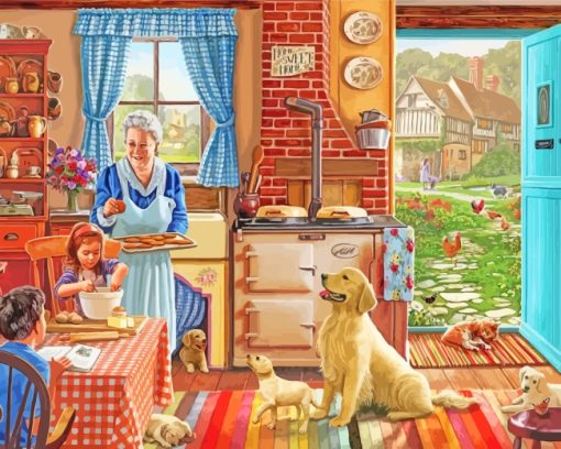Kids And Grandma In Kitchen paint by numbers