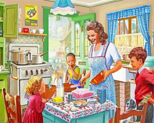 Mother And Kids In Kitchen Paint by numbers