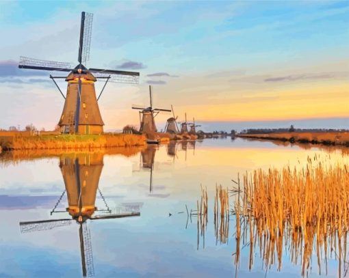 Aesthetic Windmills At Kinderdijk paint by numbers