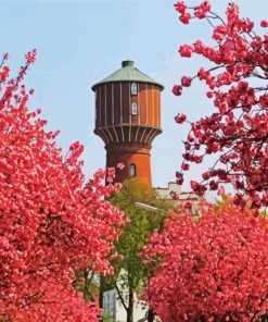 Cherry Blossom Wasserturm Elmshorn paint by number