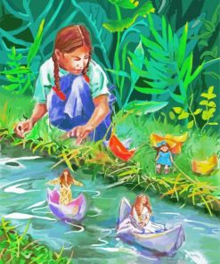 Girl Watching Her Paper Boats Floating paint by numbers