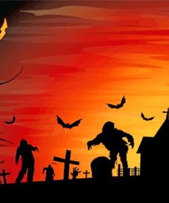 The Dead Zombies In Graveryard Church Silhouette paint by numbers