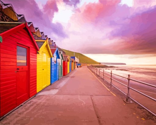 Whitby Beach Huts Sunset paint by numbers