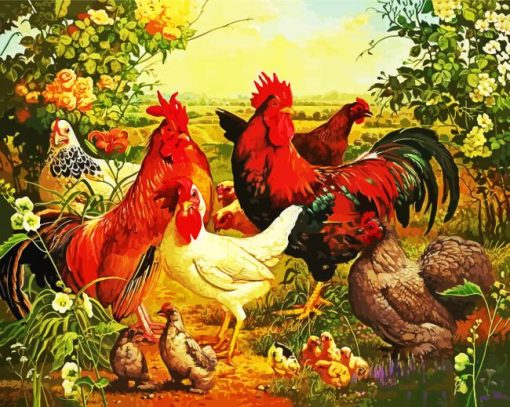 Chikens And Hens In Farm paint by numbers