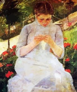 Young Woman Sewing In A Garden paint by number