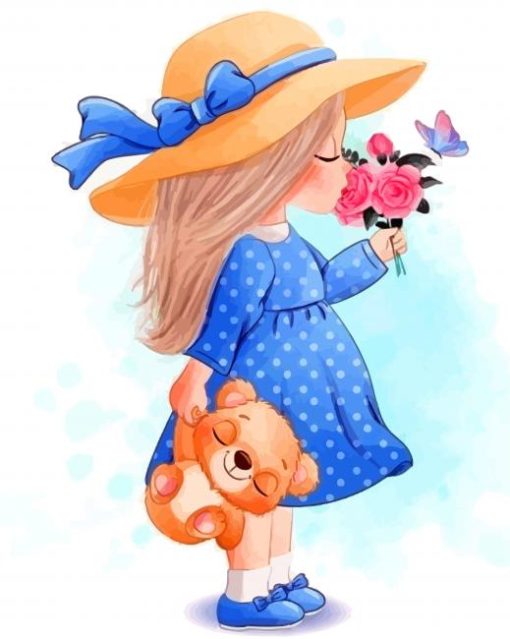 Cute Girl With Flowers And Teddy Bears paint by numbers