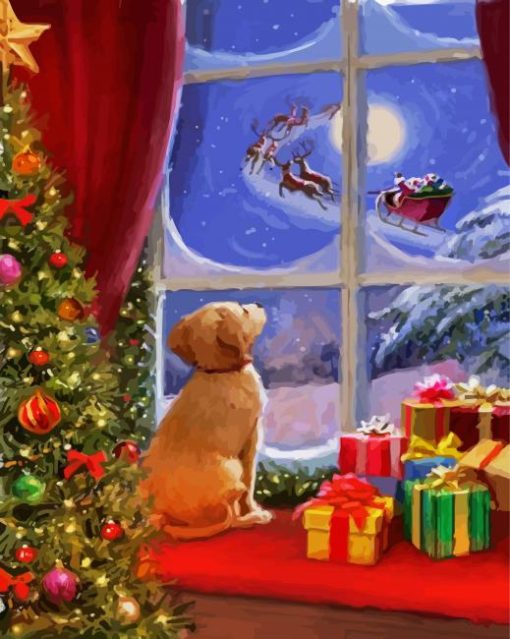 Dog Watching Santa paint by number