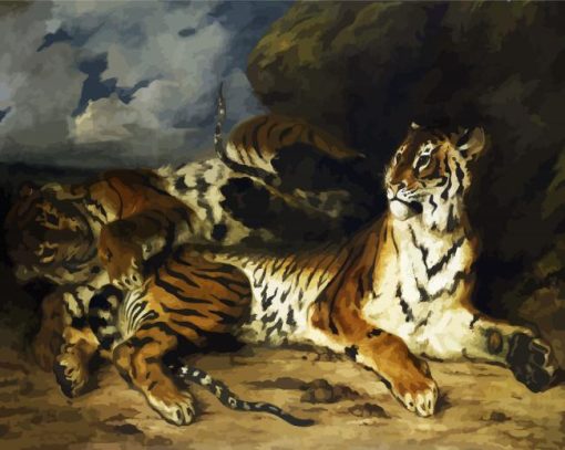A Young Tiger Playing With Its Mother By Delacroix Eugène paint by number