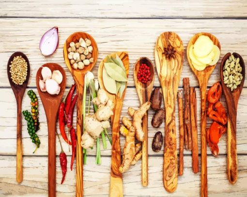 Herbs And Spices In Wooden Spoons paint by numbers