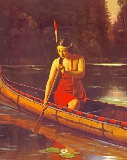 Red Indian Girl Canoeing paint by number