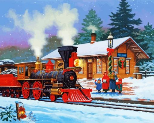 Snow Christmas Train Station paint by number