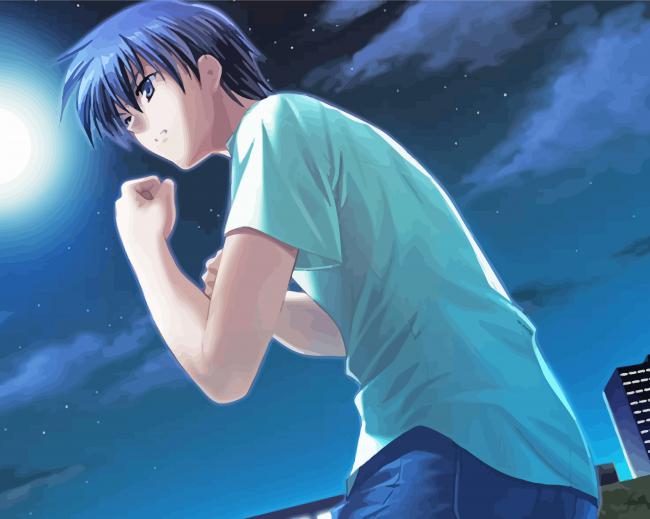 Clannad anime boy floating in water smiling