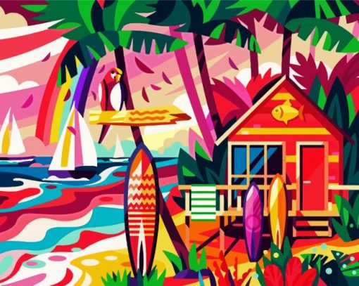 Aesthetic Beach Hut And Surfboard paint by numbers