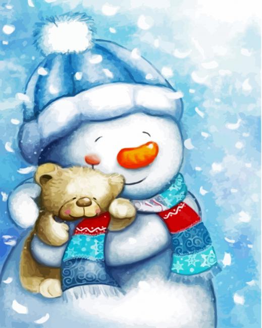Cute Snowman And Teddy Bear paint by number