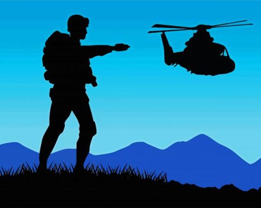 Military Soldier With Helicopter Silhouette paint by numbers