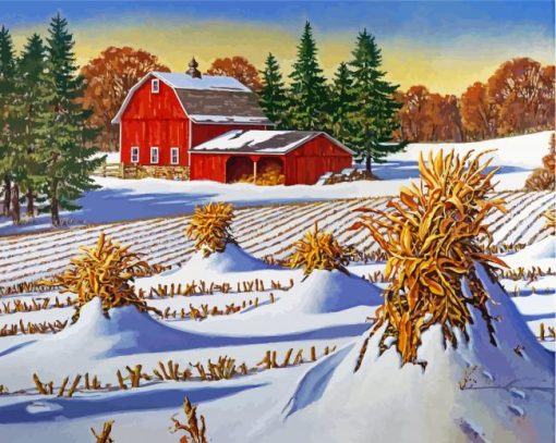 Red Barn And Snowy Landscape paint by numbers