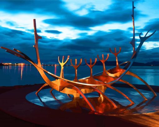 Vikings Boat Sculpture In Reykjavik At Night paint by number