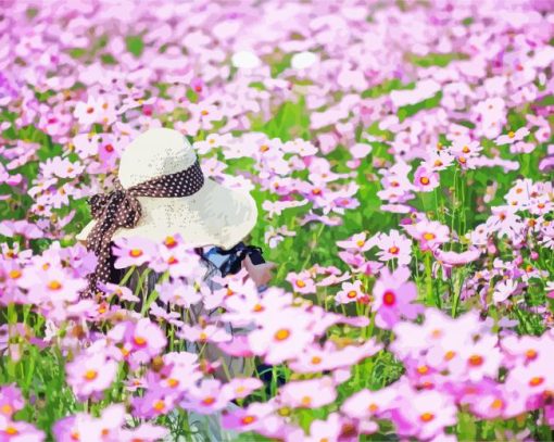 Woman In A Field Of Pink Flowers paint by number