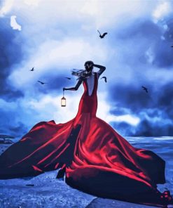 Girl In Red Dress With Lantern paint by number