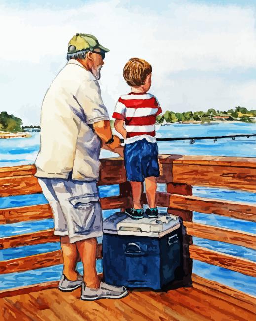 Grandpa And Grandson Fishing Paint By Numbers - PBN Canvas