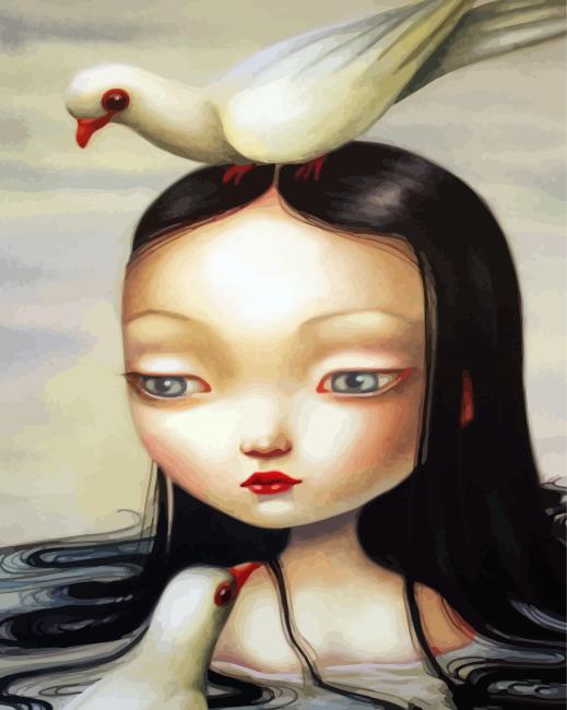 Asian Girl And Birds paint by numbers