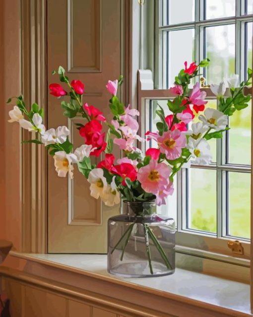 Hollyhocks Glass Vase paint by number