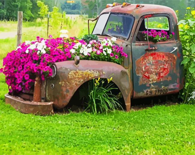 Old Truck And Flowers paint by number