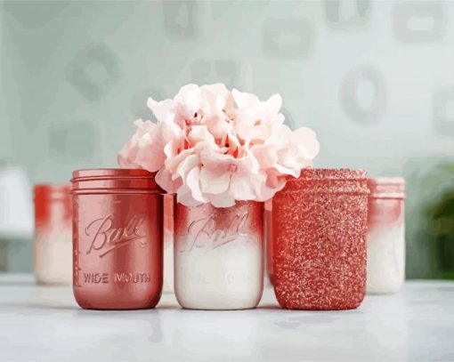Beautiful Pink Mason Jar Flowers paint by number