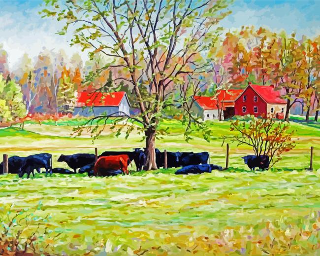 Cows And Farm House Art Paint By, Farm House Paintings