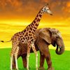 Giraffe And Elephant At Sunset paint by number