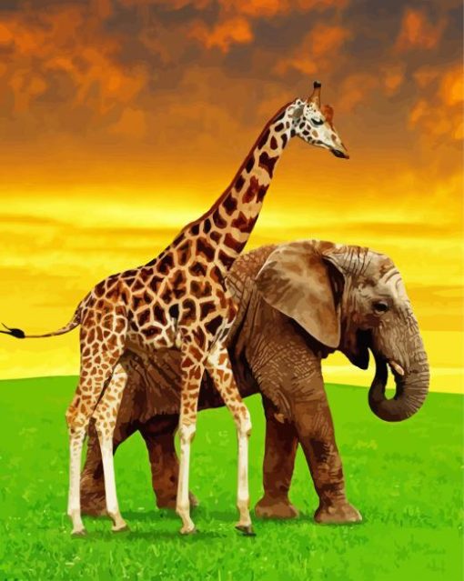 Giraffe And Elephant At Sunset paint by number