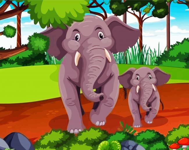 Mother And Baby Cartoon Elephants paint by number