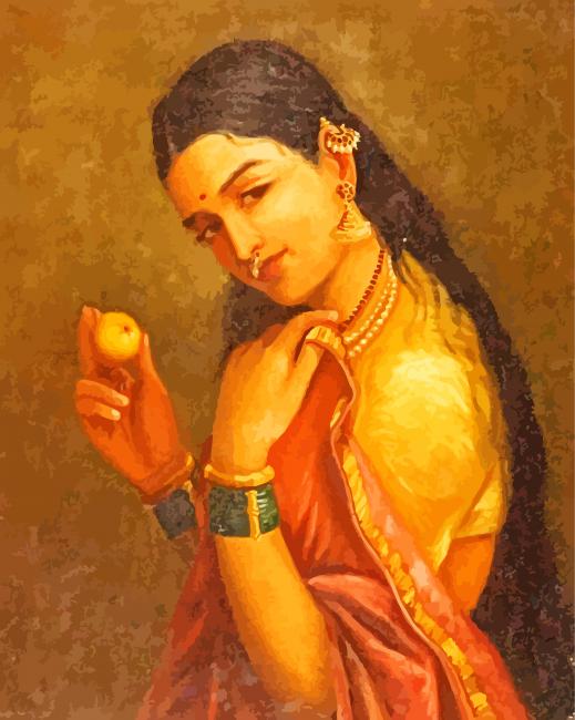 Woman Holding A Fruit By Raja Ravi Varma paint by number