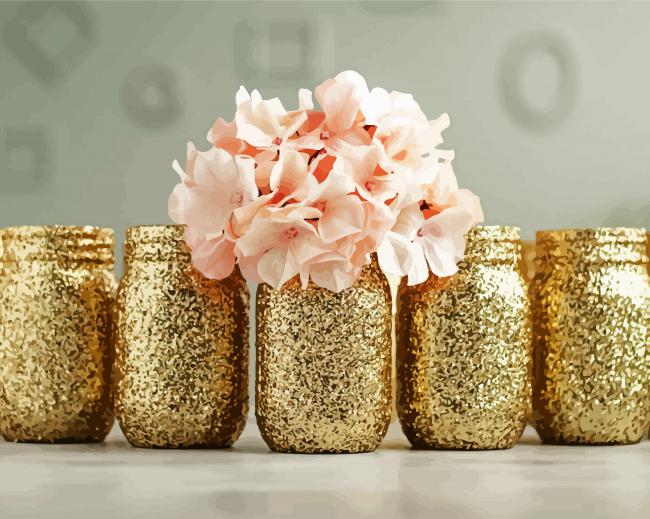 Gold Glitter Mason Jars With Flowers paint by number