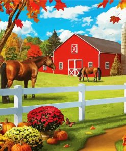 Autumn Barn And Horses paint by number