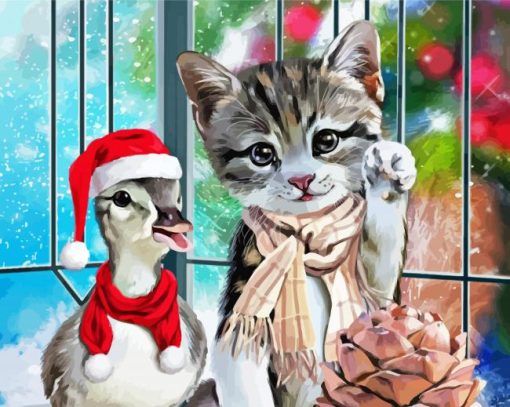 Christmas Duck And Cat paint by number