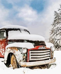 Classic Red Pick Up In Snow Winter paint by number