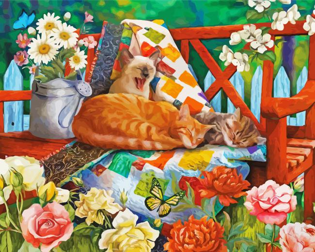 Sleepy Cats In Garden paint by number