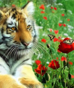 Tiger With Poppies Flowers paint by number