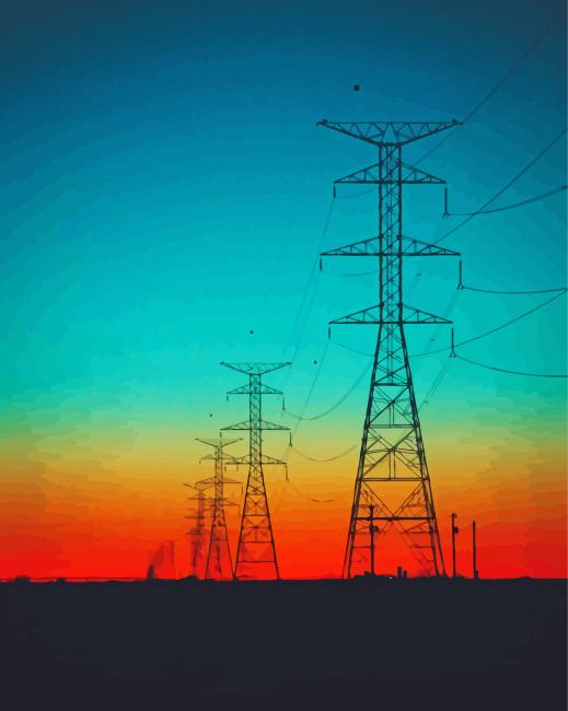 Powerline With Red Sunset paint by number
