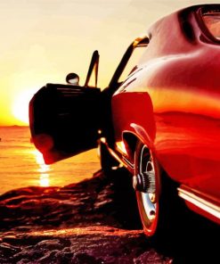 Red American Car Seascape Sunset paint by number