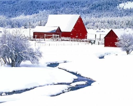 Barns With Snow paint by number