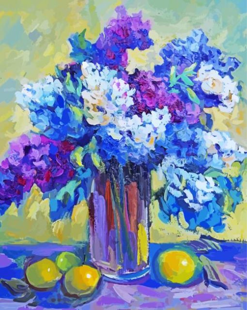 Blue Flowers Vase And Lemons Art paint by number