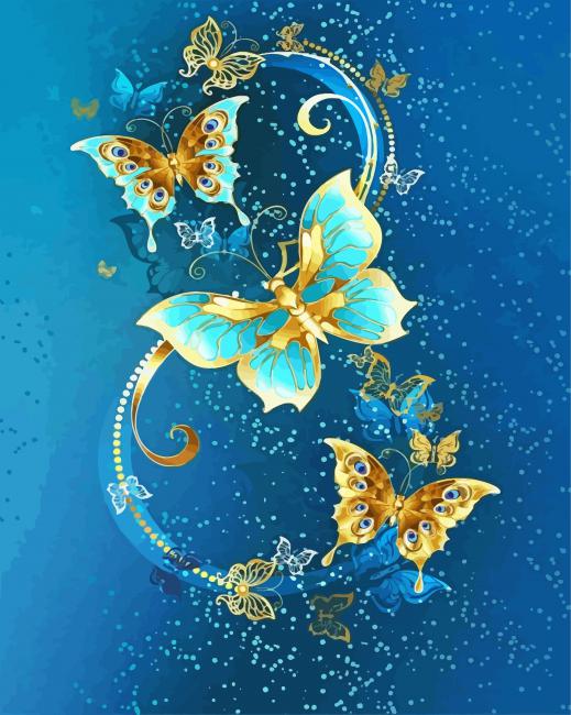 Blue Gold Butterflies paint by number