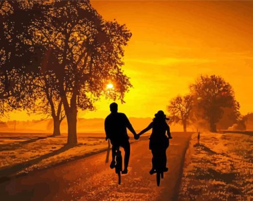 Couple On Bicycles Sunset Silhouette paint by number