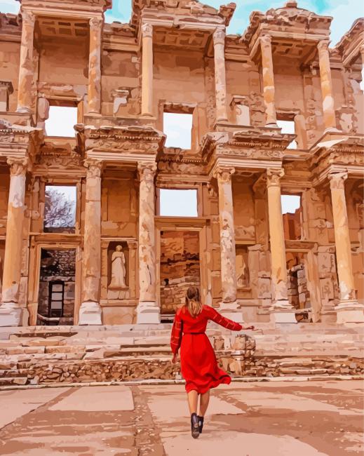 Girl With Red Dress In Library Of Celsus In Ephesus paint by number