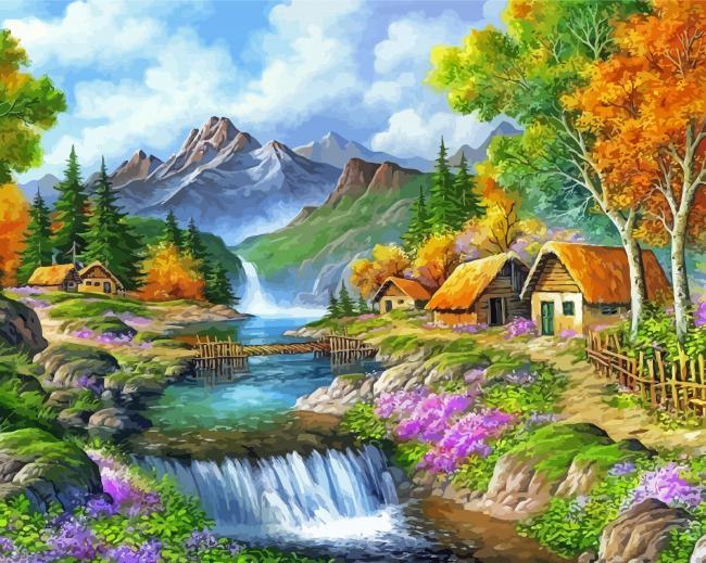 Paradise Landscape And Cottages paint by number